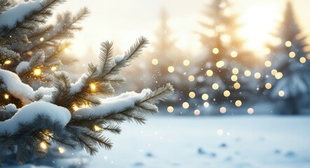 Winter wonderland, snowy forest, sunlight through pine branches, bokeh lights, golden hour glow, frosty landscape, evergreen trees, soft focus, magical atmosphere, festive scene, cold crisp air, natur
