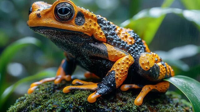 Black and orange poison dart frog in a rainforest setting, highlighting unique patterns and texture, perfect for wildlife, ecology, or exotic nature themes