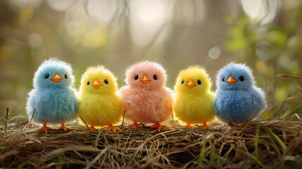 Naklejka premium Five colorful fluffy chicks perched on a straw nest in a natural lighting, easter joy