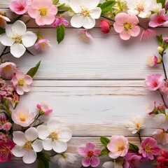 A delicate border of vibrant springtime flowers on a  white wooden background, featuring colorful blooms such as, cherry blossoms, and daisies, with lush green leaves with open space in the middle 
