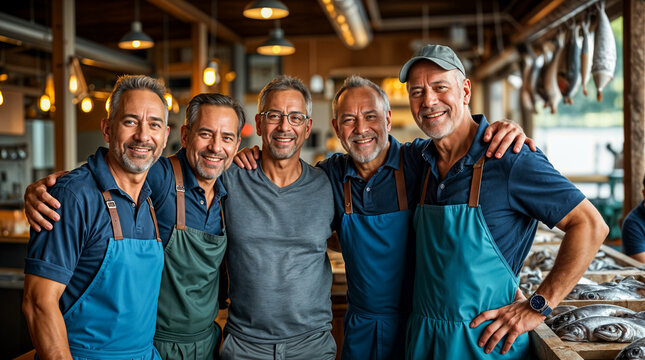 Happy Fishmongers Posing at a Market