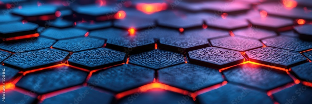 Poster a close-up of hexagonal tiles with glowing edges, creating a digital or futuristic ambiance.
