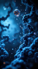 A molecular depiction featuring Semaglutide with surrounding water droplets in a blue biochemical environment.
