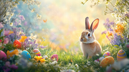 Cute easter bunny sitting in a flower-filled garden with colorful easter eggs, creating a whimsical and festive scene