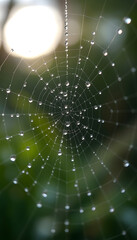 Naklejka premium Dew Drops on Spider Web with Bokeh for Nature and Beauty with copy space text for nature and beauty websites, professional photography, with white tones
