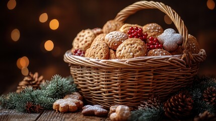 A wicker basket overflowing with assorted Christmas cookies, surrounded by pine cones and evergreen sprigs on a rustic wooden surface.
