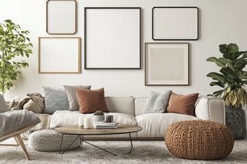 Cozy gallery wall mockup in a living room interior, featuring frames and artwork for stylish displays