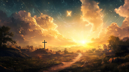 Hope and new beginnings symbolized by the christian cross on a hill in the golden sunrise, set against a beautiful natural landscape