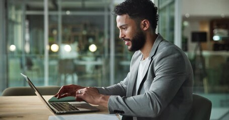 Typing, employee and man in office, laptop and internet with connection, journalist and network. Consultant, professional or computer with digital app, research for article and website info with idea - Powered by Adobe