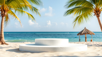 White stone podium with copy space for product display on tropical summer sand beach background. Generative AI