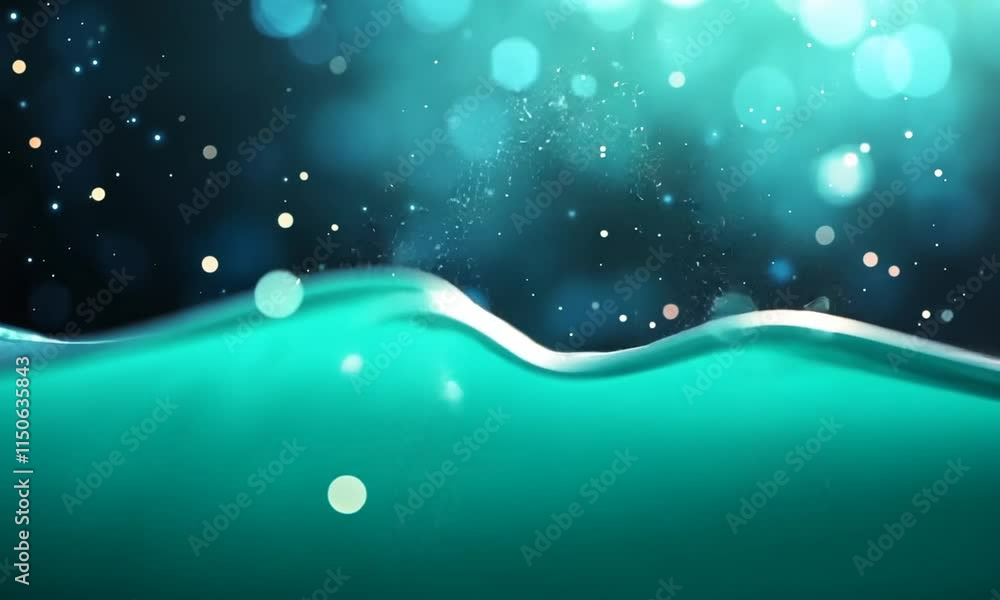 Poster sparkling wave surface with glowing dots and blurred circles.