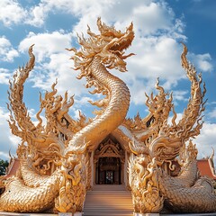 A large golden dragon statue with many small dragons surrounding it