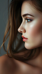 Fototapeta premium Profile of beautiful young female model, close-up, with white tones