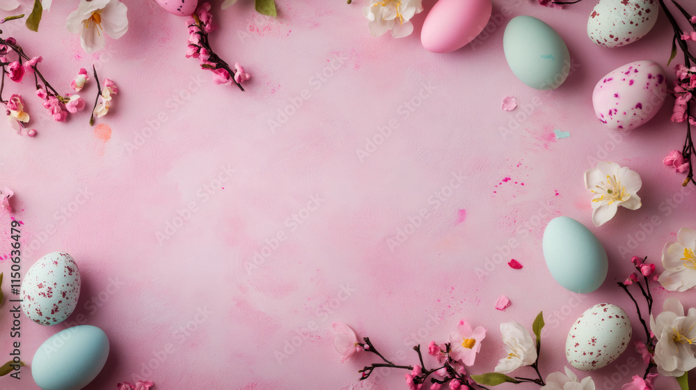 Poster Colorful easter eggs and spring flowers creating a frame on pink background with copy space in the center