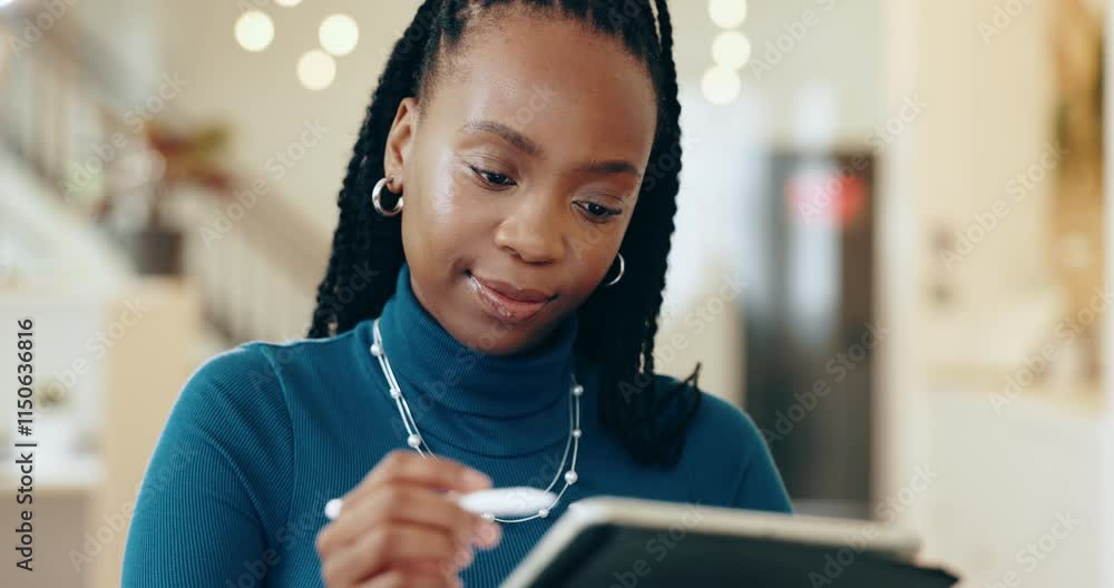 Poster app development, business and tablet with black woman in office for web design management or quality