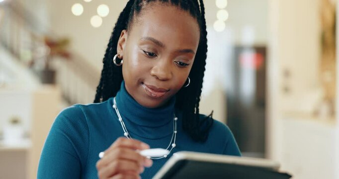 App development, business and tablet with black woman in office for web design management or quality control. Pen, social media and software testing with agency employee at work for virtual launch