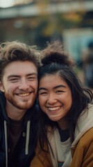 Fototapeta premium Two university students express joy together, capturing the vibrant essence of campus life in beautiful natural light
