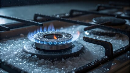 A close-up view of a gas stove burner with icy frost and frozen crystals instead of flames, glowing in the dark. Gas disconnection.