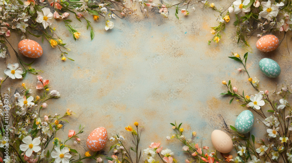 Poster Festive easter eggs and colorful spring flowers arranged on a textured background, creating a beautiful frame with copy space
