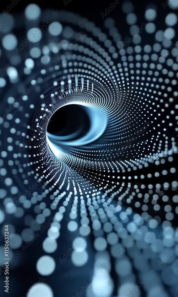 Poster abstract digital swirl with glowing blue dots creating a hypnotic pattern.