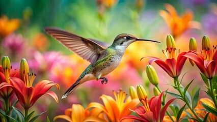 Fototapeta premium Hummingbird hovering near vibrant lilies with a lush panoramic background