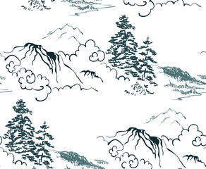 tree clouds mountains bay sea landscape nature japanese chinese vector design seamless pattern