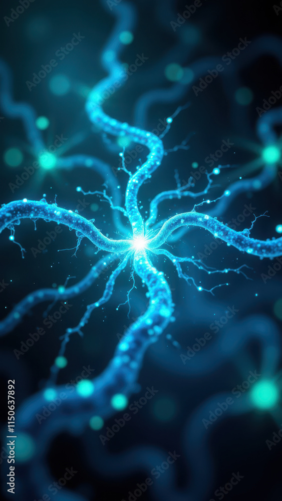 Poster magnified view of a neuron with glowing synapses, representing semaglutide's effect on brain functio