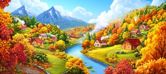 Obraz premium A vibrant autumn day in a countryside village, with cottages nestled among colorful trees, and a river winding through the village