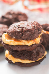 Soft brownie cookies with peanut butter cream filling 