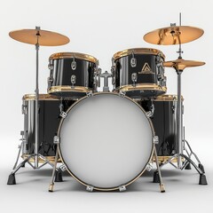 A realistic 3D drum set with a glossy black finish on the shells, on a plain white background.