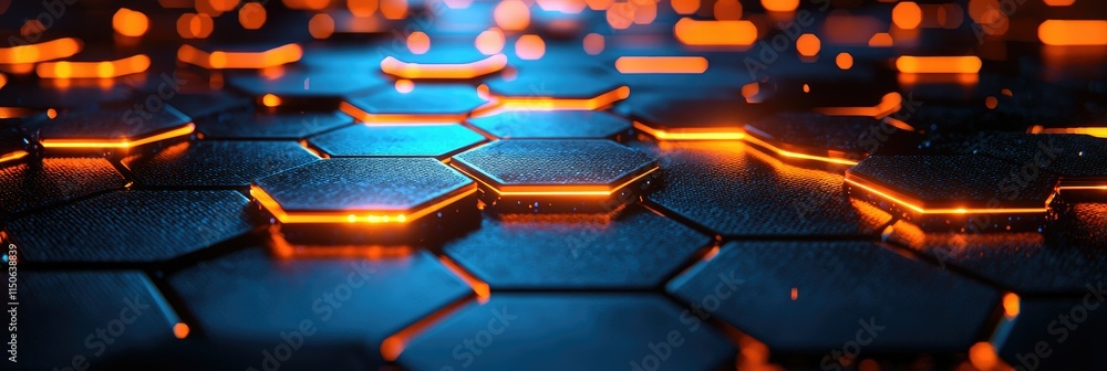 Poster a close-up view of glowing hexagonal tiles on a dark surface, creating a futuristic ambiance.