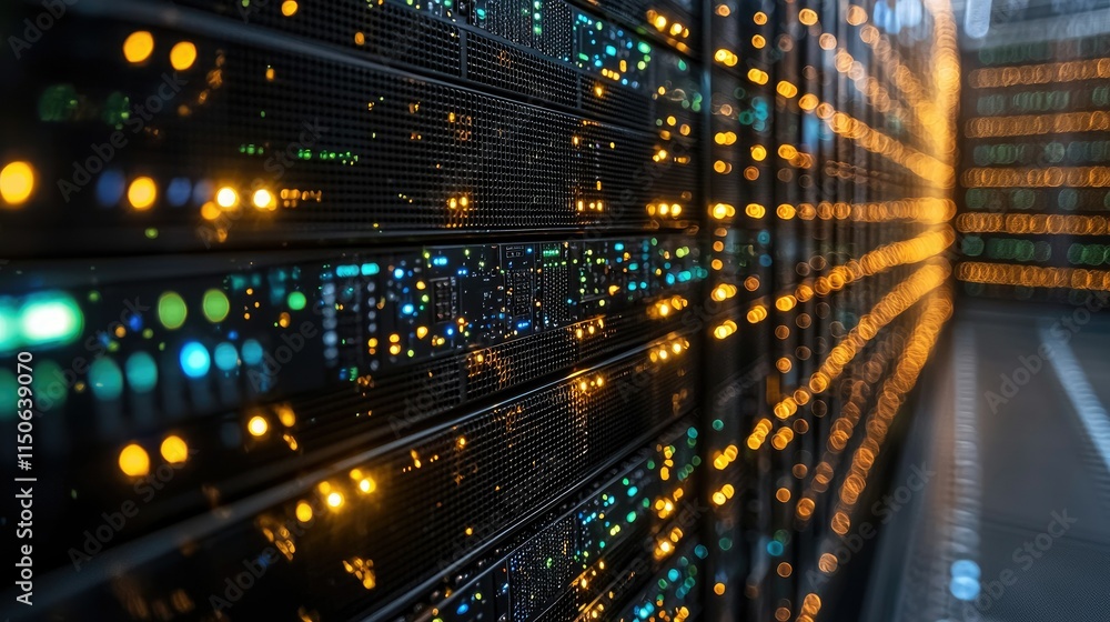 Poster a close-up view of illuminated server racks in a data center, showcasing technology infrastructure.