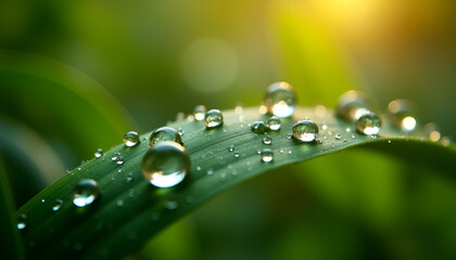 Macro shot of dew drops on green leaf, fresh morning mood