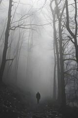 Obraz premium Autumns Solitary Journey A Lone Figure Ventures into the Misty Mysterious Forest