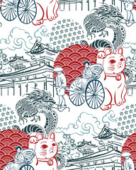 Rickshaw dragon Buddhism Shintoism temple collage japanese chinese vector design seamless pattern