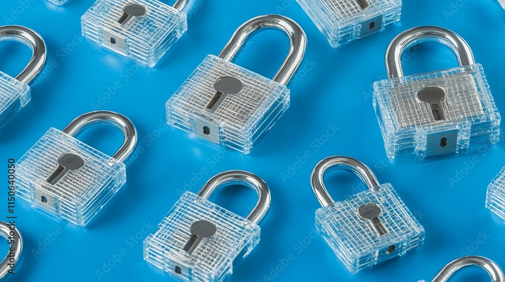 Poster futuristic cyber security vector illustration. data security scanning. wireframe locks on blue backg