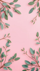Eucalyptus leaves and branches on pastel pink background. Eucalyptus branches pattern. Flat lay, top view, copy space, banner, graphic novel art, with white tones