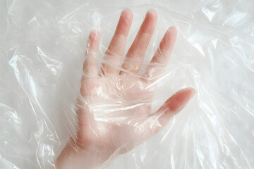 Fototapeta premium Hand wrapped in cling film. Hand under a plastic bag with a stop sign. Reduce single-use plastics concept. Wasteful production. Environmental pollution concept