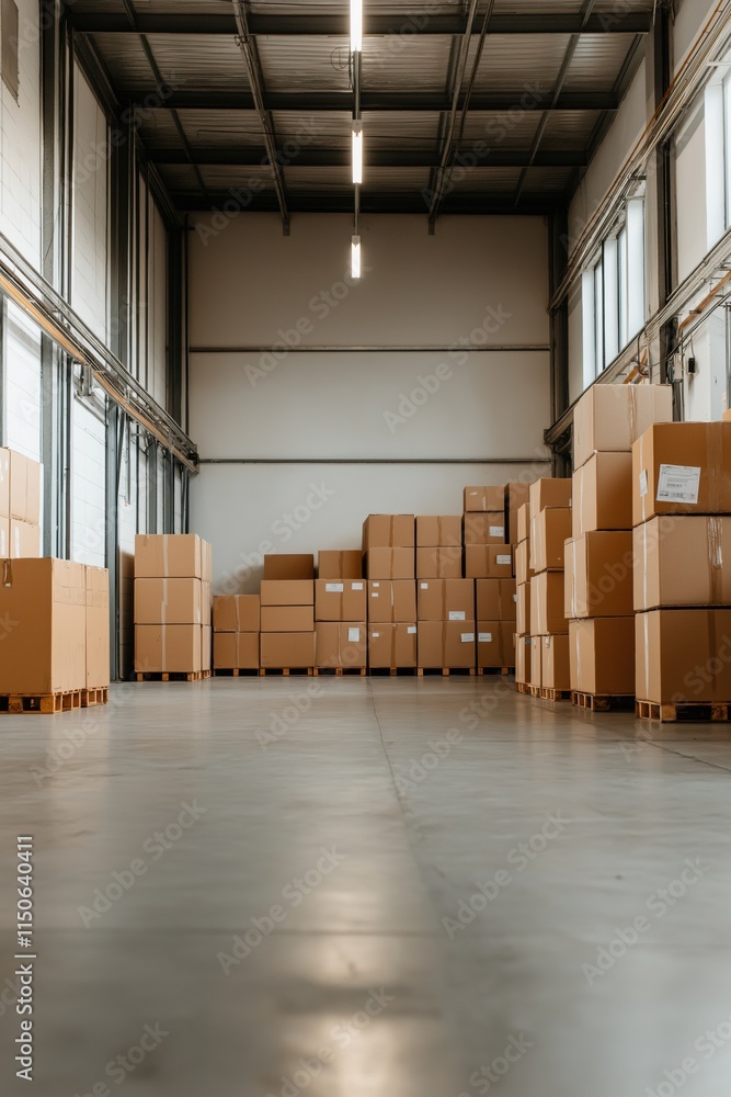 Poster a large warehouse with many boxes stacked on top of each other. the boxes are all different sizes an