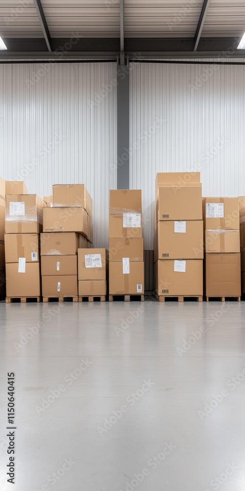 Poster a warehouse with many boxes stacked on top of each other. the boxes are all different sizes and are 