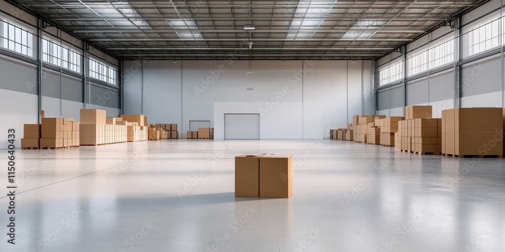 Poster a large empty warehouse with boxes stacked high. the boxes are mostly cardboard and are in various s