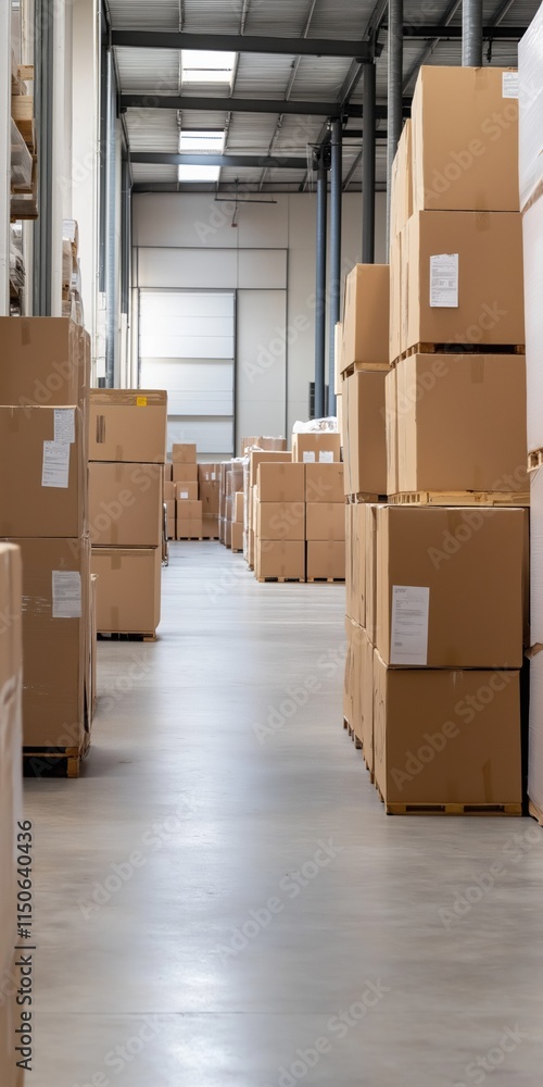 Poster a warehouse with many boxes stacked on top of each other. the boxes are all different sizes and colo