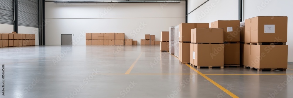 Poster a large warehouse with many boxes stacked on top of each other. the boxes are all different sizes an