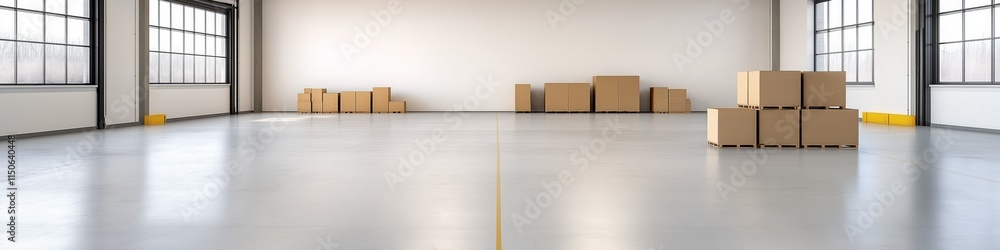 Poster a large empty warehouse with a yellow line on the floor. boxes are stacked in the background