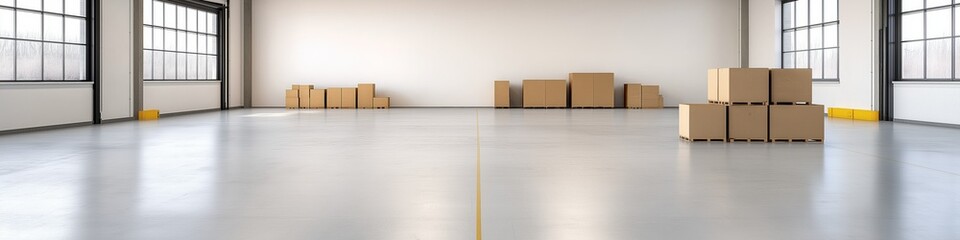 A large empty warehouse with a yellow line on the floor. Boxes are stacked in the background