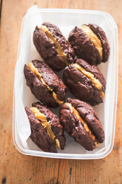 Soft brownie cookies with peanut butter cream filling 