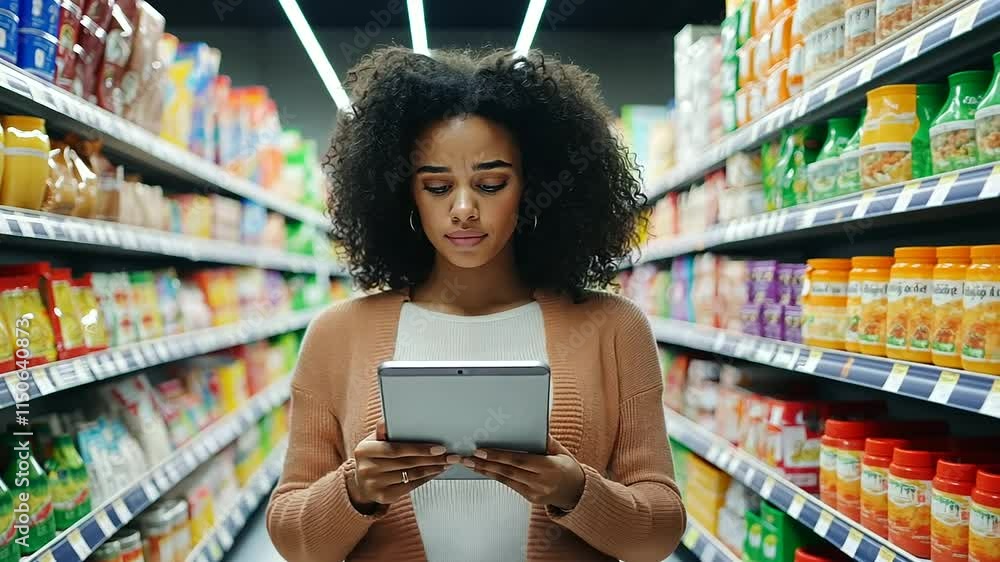 Poster A woman holding a sleek tablet in a brightly lit store aisle, analyzing inventory data displayed on the screen while surrounded by neatly arranged products