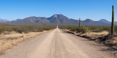 A dirt road in the desert with a mountain in the background. The road is empty and the sky is clear