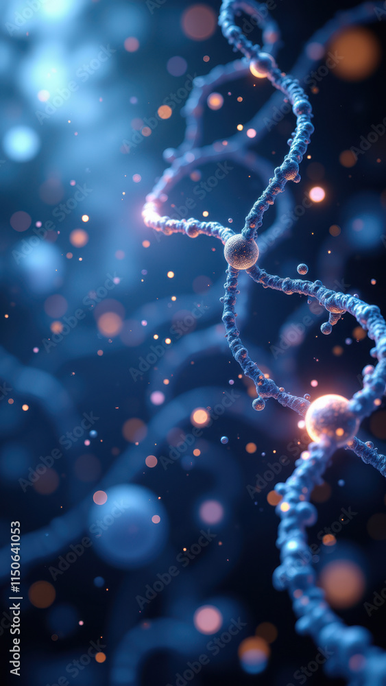 Poster intricate visual of semaglutide molecule with glowing spheres signifying its structure, suitable for