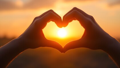 Fototapeta premium Silhouetted Hands Forming a Heart in Sunset’s Warm Glow